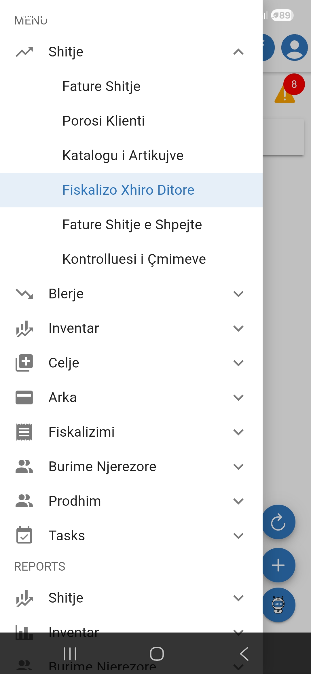 Hapni menu-ne dhe tek moduli i shitjes klikoni 'Fiskalizo xhiro ditore' për të krijuar një fiskalizim te ri për të ardhurat tuaja ditore.